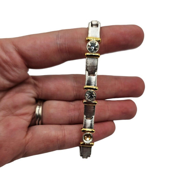 Vintage 1990s Chain Style Clasp Bracelet Gold Silver Tone Rhinestone Inlay - Picture 1 of 4